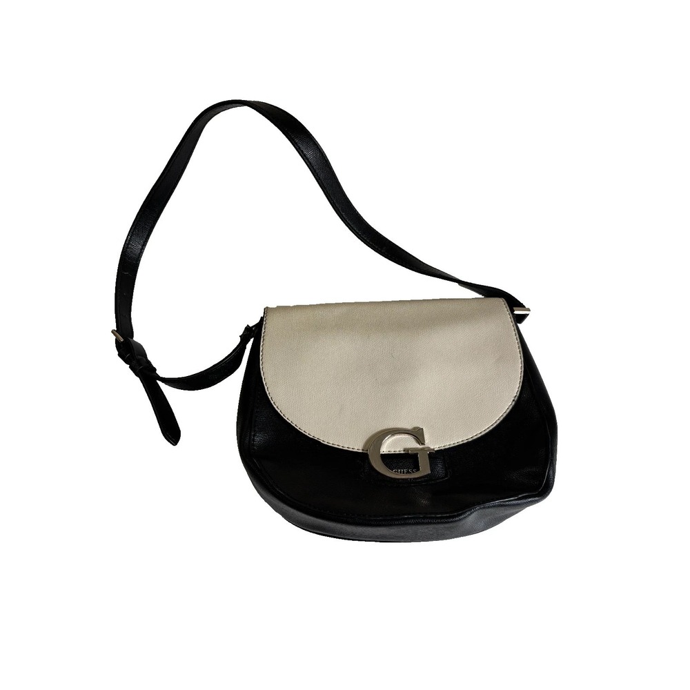 VTG Y2K Guess Handbag Women Black Leather Adjustable Strap Magnetic Flap Closure